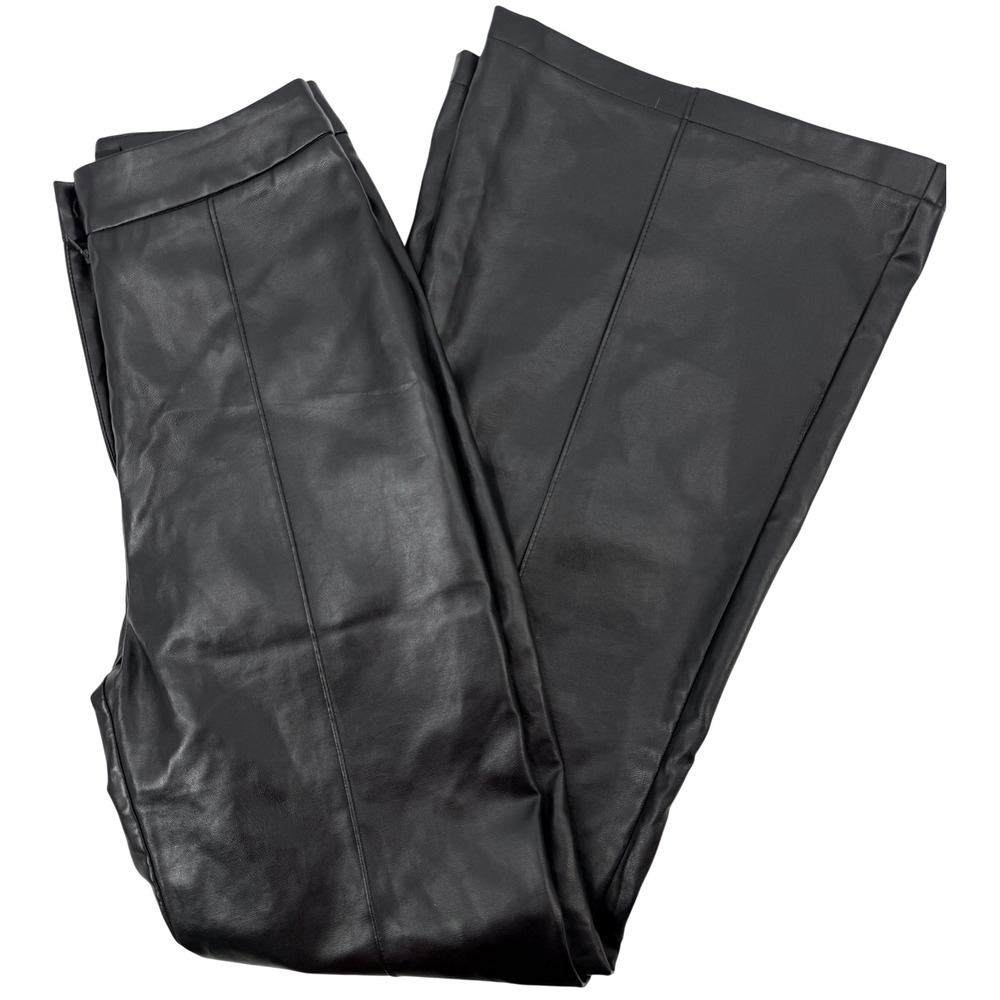 Lioness Black Faux Leather High Waisted Wide Leg Flare Pants XXS Seam Detail